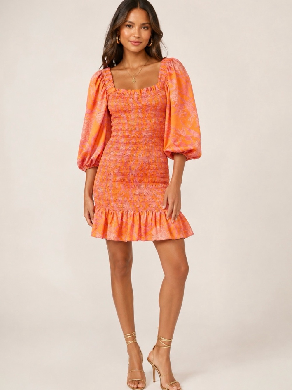 Lipari Smocked Puff Sleeve Floral Mini Dress Medium